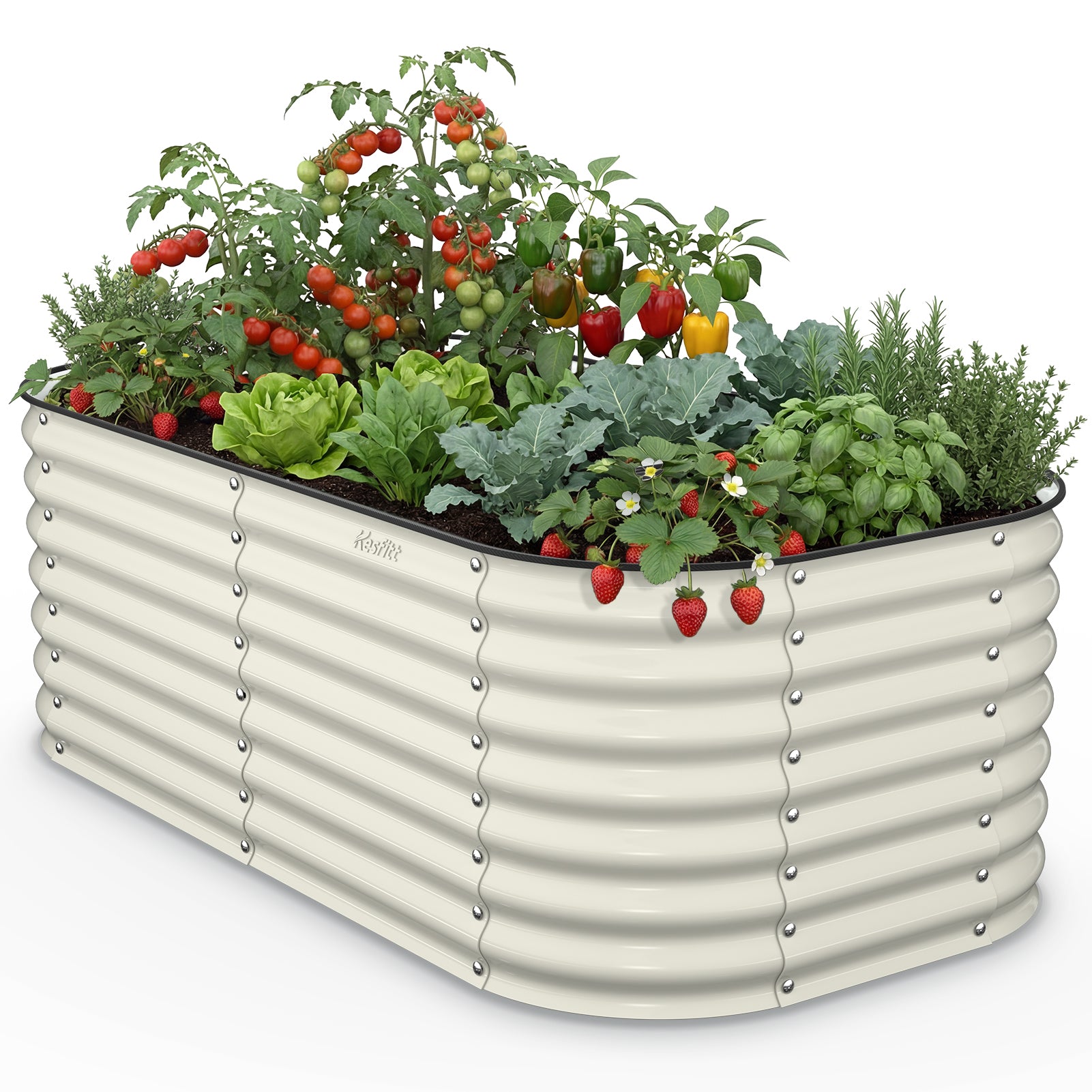 pearl white 6x3x2 ft deep metal raised garden bed filled with vegetables and herbs