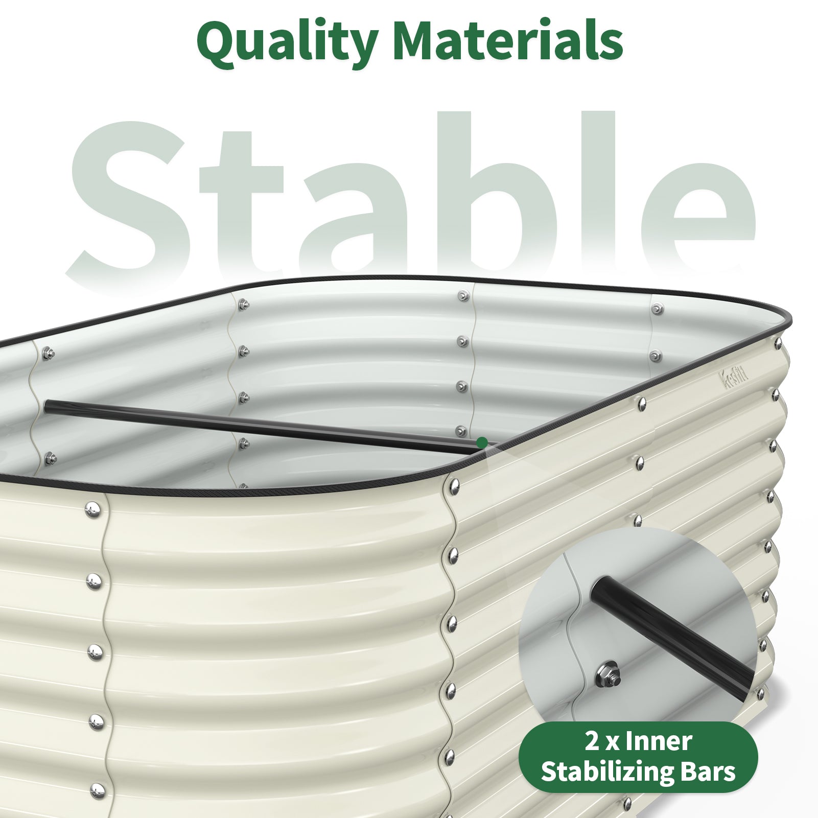 galvanized steel structure of pearl white raised garden bed showing reinforced panels