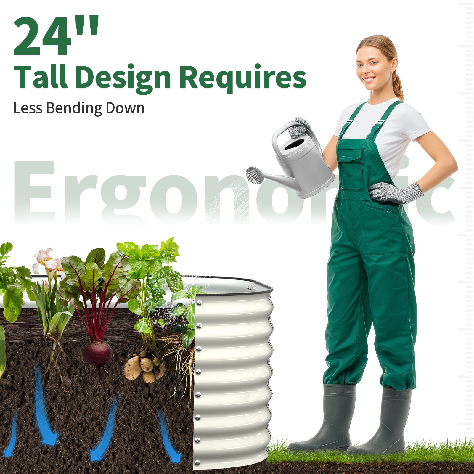 24 inch deep planter supporting root vegetables like carrots and potatoes