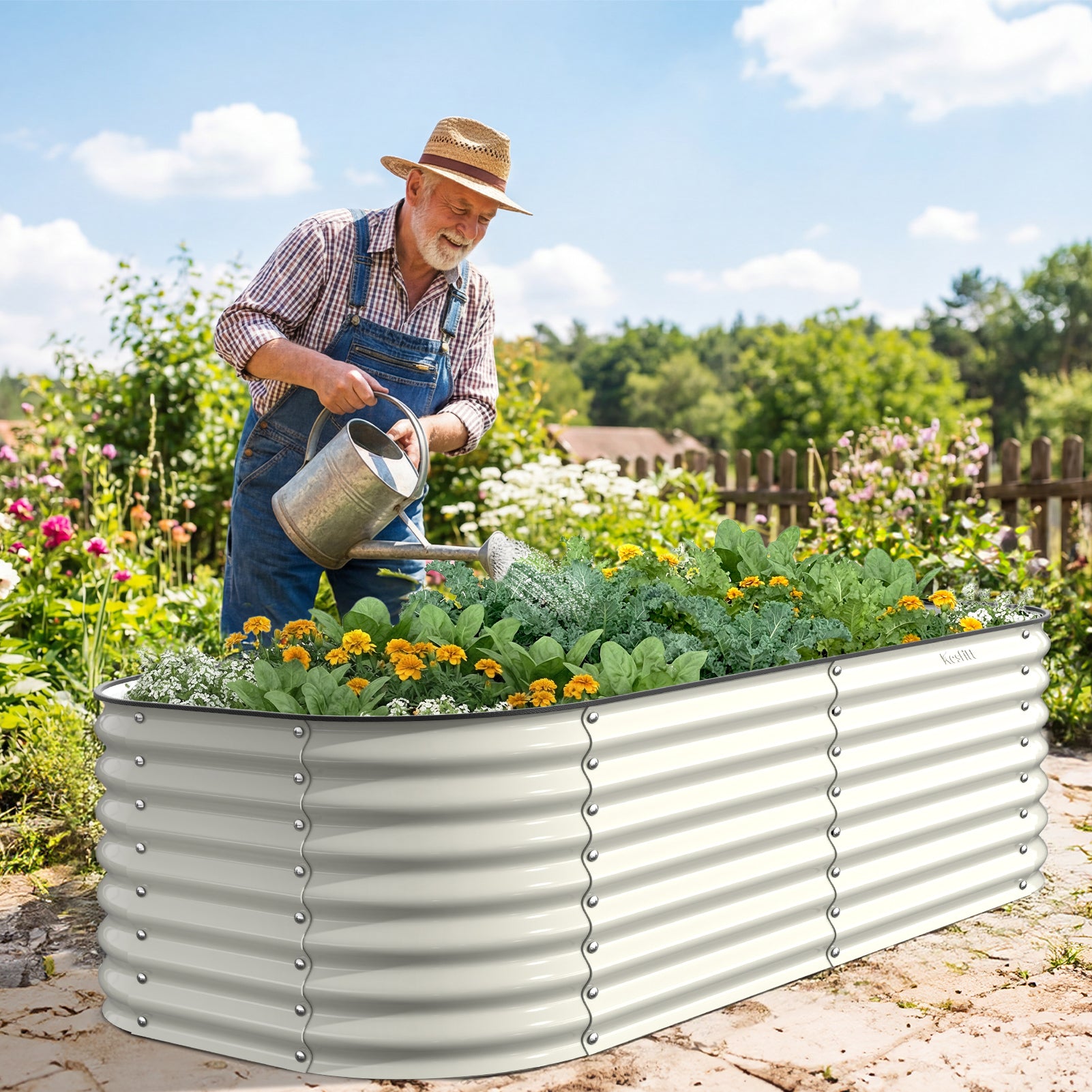 Man watering plants in a large metal garden bed in a garden setting.