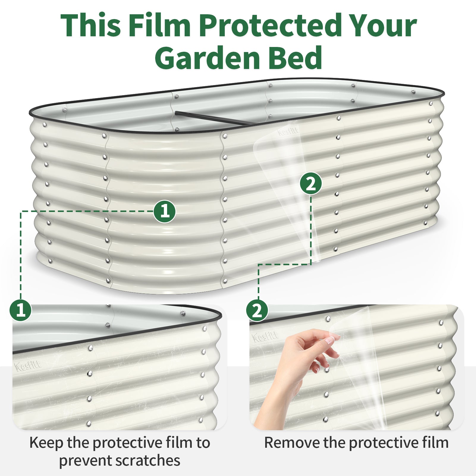 White garden bed with protective film on a white background, showing how to keep and remove the film.