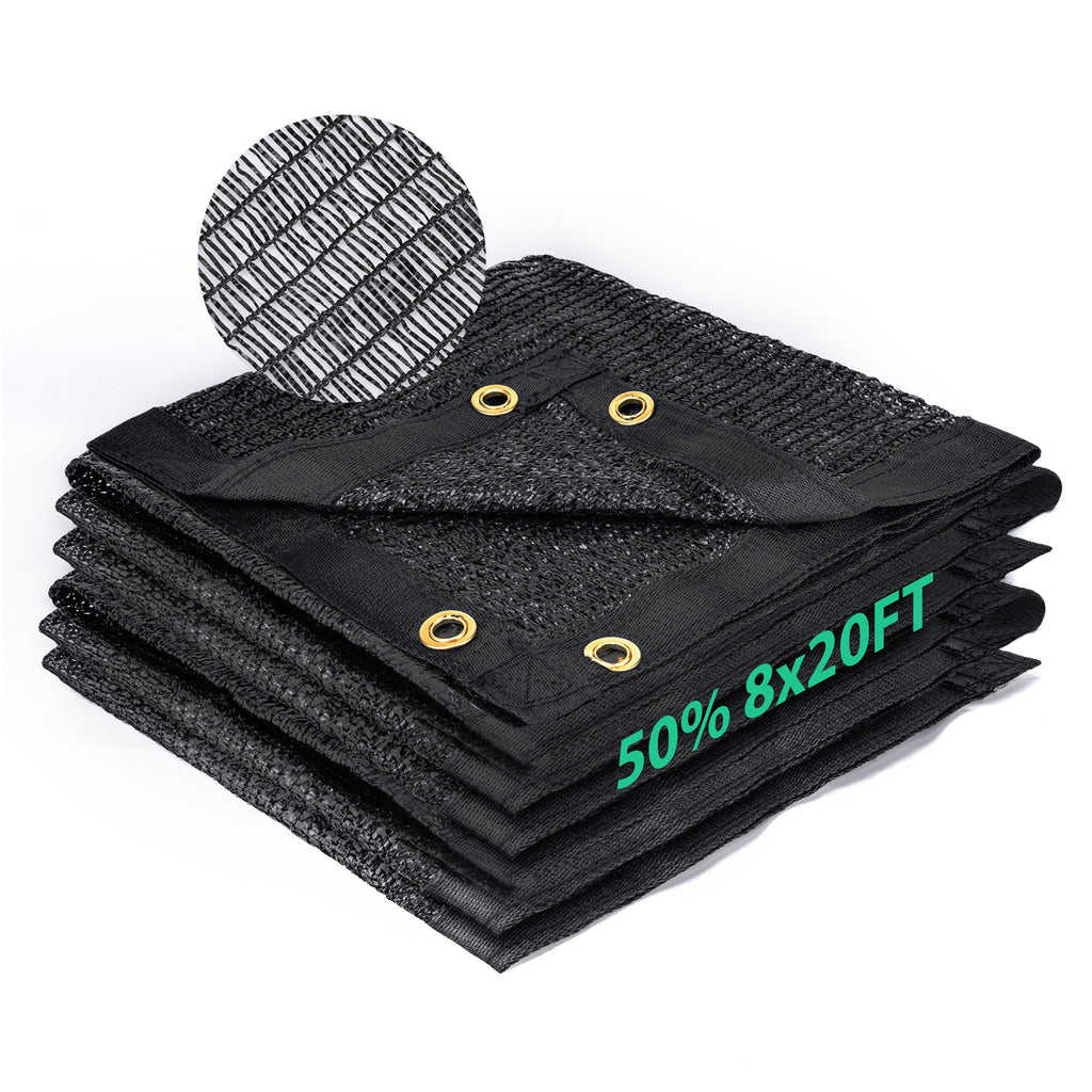 50 percent shade cloth 8x20 ft black HDPE mesh, folded sun shade fabric with reinforced edges and metal grommets