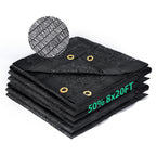50 percent shade cloth 8x20 ft black HDPE mesh, folded sun shade fabric with reinforced edges and metal grommets