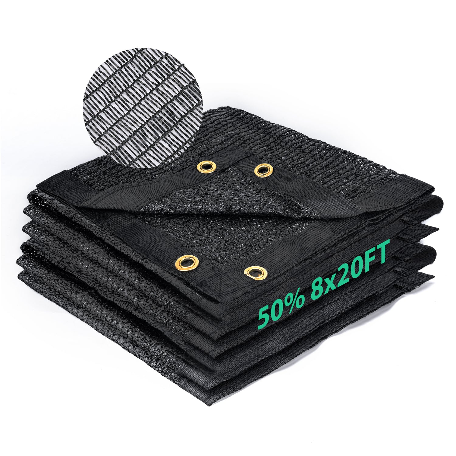 50 percent shade cloth 8x20 ft black HDPE mesh, folded sun shade fabric with reinforced edges and metal grommets